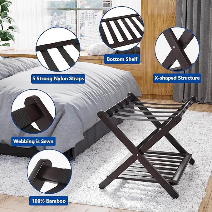 Smuxee Fully Assembled Brown Luggage Rack, Upgraded Bamboo Foldable Suitcase Stand with 5 Nylon Straps, Luggage Holder with Shelf for Guest Room Bedroom Hotel