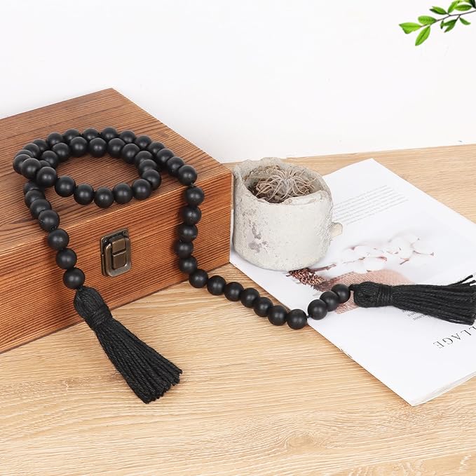 RAMIRABI Wood Beads Garland with Tassels Farmhouse Rustic Prayer Boho Beads for Boho Home Decor, Wall Hanging Decoration (Black)