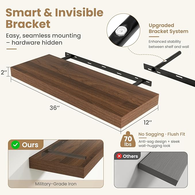 FLYJOE 36 Inch Long Floating Shelves for Wall Set of 2, 12" D Wood Grain Bathroom Shelves with Invisible Brackets, Easy Install Engineered Wood Storage Shelves for Kitchen, Living Room, Bedroom