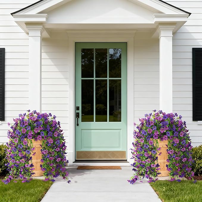 Homsunny Artificial Hanging Flowers for Outdoor, 2PCS Fake Flowers Faux Silk Daisy with Eucalyptus Leaves, UV Resistant Aritificial Flowers for Spring Home Patio Yard Porch Decor (Double Purple)