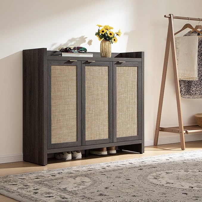 SICOTAS Shoe Storage Cabinet, 30 Pairs Rattan Shoe Cabinet Storage for Entryway, 6-Tier 41" Tall Large Shoe Cabinet, Boho Farmhouse Cabinet with Doors for Entryway Hallway Living Room, Black Oak