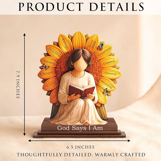 Christian Gifts for Women, God Says I Am Sunflower Desk Decor, Inspirational Religious Gifts for Women, Bible Verse Tabletop Sign for Office Desk, Home Prayer Room, Faith Based Gift for Her