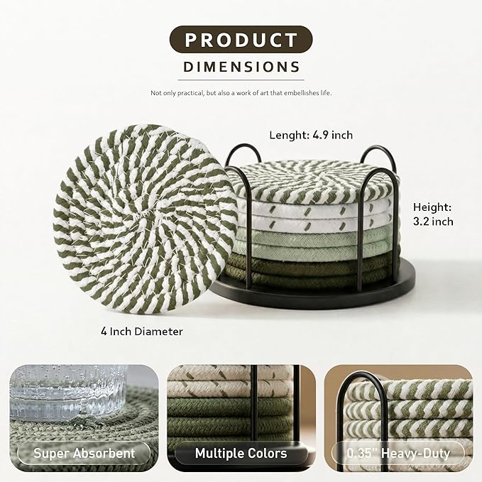 Lazebox Coasters Set of 8 for Drinks, 4 Inch Large Coasters for Coffee Table, Tabletop Protection for Hot & Cold Drinks, Versatile Coasters for Home Decor, Non-Slip & Easy to Clean, Olive Green