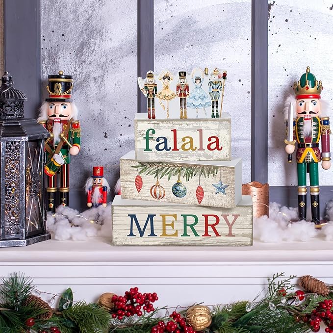 Lineshading 4 Pcs Christmas Table Decorations Wooden Nutcracker Fairy Ballet Merry Christmas Table Centerpiece Decorative Soldier Fairy Ballet Block Signs Gift for Xmas Home Kitchen Tier Tray Decor