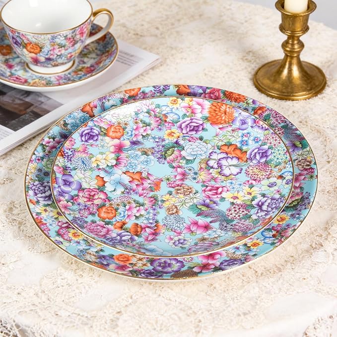 Decorative Plates Set for Display, Lake Blue Ceramic Plate Decor with Stand，Handmade Vintage Flower Porcelain Ornament for Living Room, Kitchen, Office, Perfect Chinese Style Dish Gift (8in+10in)