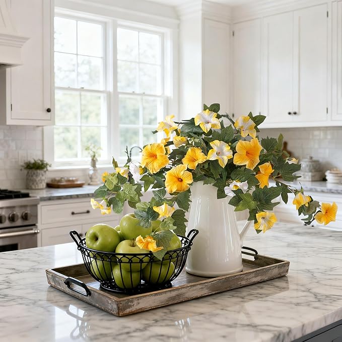 Artificial Fake Petunia Flowers for Outdoor Decoration, 2PCS Faux Silk Petunias Flower for Spring UV Resistant No Fade Realistic Plants for Garden Balcony Yard Porch Indoor Decor(Yellow White)