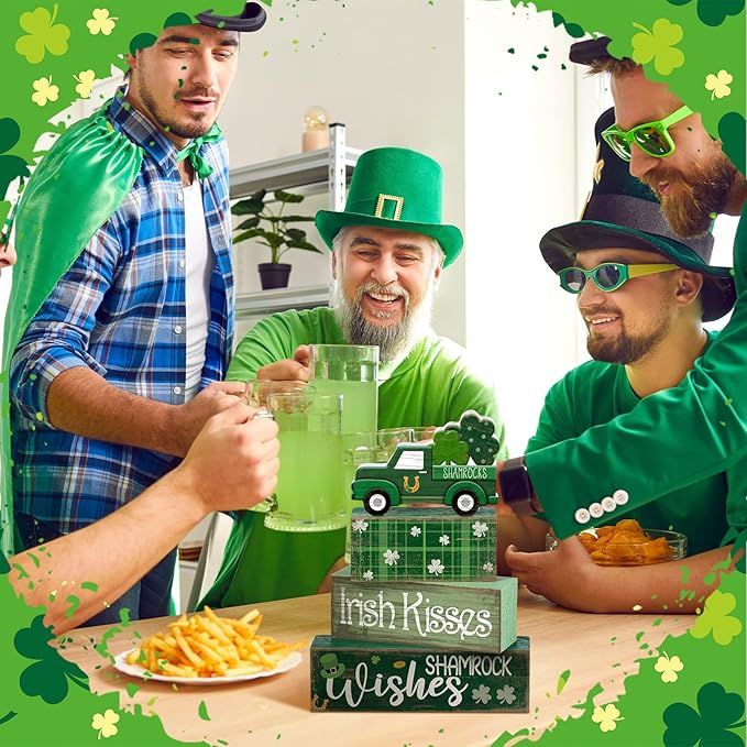 Lineshading 4 Pcs St. Patrick's Day Table Decoration Wooden Shamrocks Truck St Patrick's Day Tiered Tray Decor Irish Table Centerpiece for Saint Patty's Party Farmhouse Home Kitchen Decor