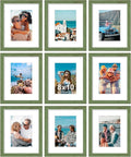 Vittanly 8x10 Picture Frames Set of 9, Shatter Resistant Plexiglass, Display 5x7 Pictures with Mat or 8x10 without Mat, Photo Frames for Wall or Tabletop, Engineered Wood, Rustic Green