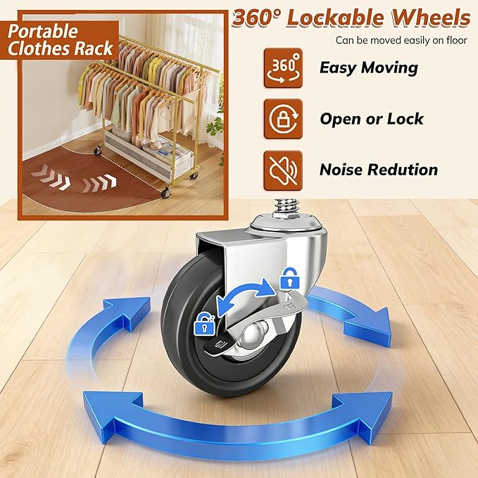 Clothes Rack, Double Rods Clothing Rack, Clothing Racks for Hanging Clothes, Rolling Clothes Rack with Storage Basket & Heavy Duty Wheels, Garment Rack for Bedroom, Laundry Room, Gold