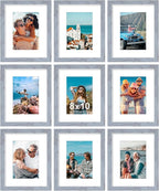 Vittanly 8x10 Picture Frames Set of 9, Shatter Resistant Plexiglass, Display 5x7 Pictures with Mat or 8x10 without Mat, Photo Frames for Wall or Tabletop, Engineered Wood, Vintage Blue-Gray