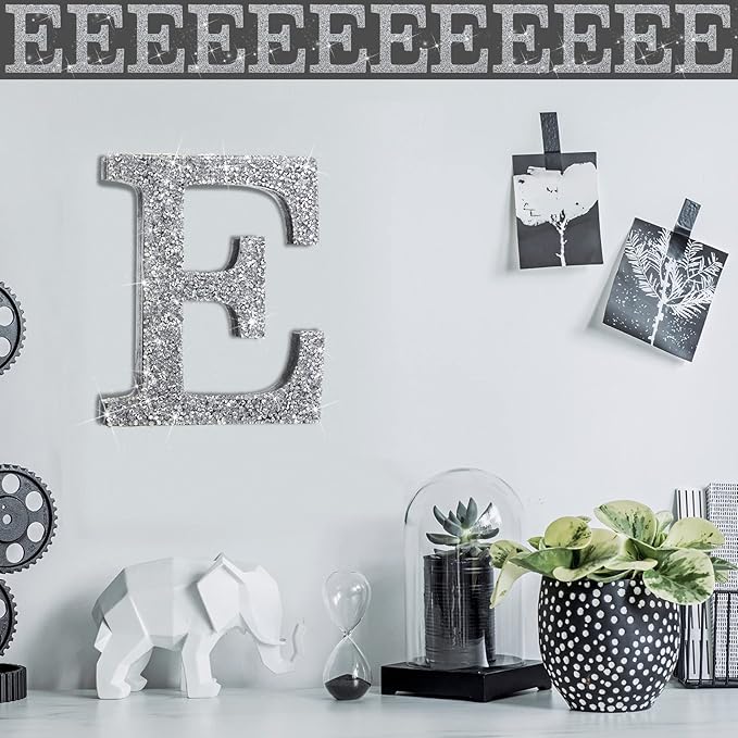 Qunclay 5.7" Silver Crystal Diamond Bling Letters Crushed Diamond Decoration Wooden Glitter Letter with Screw and Hooks Rhinestone Gift for Wedding Y2k Mcbling Bedroom Wall Decor (Letter E)