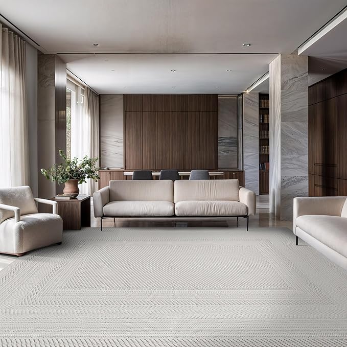 Micro Loop Indoor Rug White 10x14 Boho Geometric Neutral Area Rugs for Living Room Soft Luxury Modern Low and High Pile Durable Stain Resistant Non-Shedding Indoor Area Carpet 10 x 14