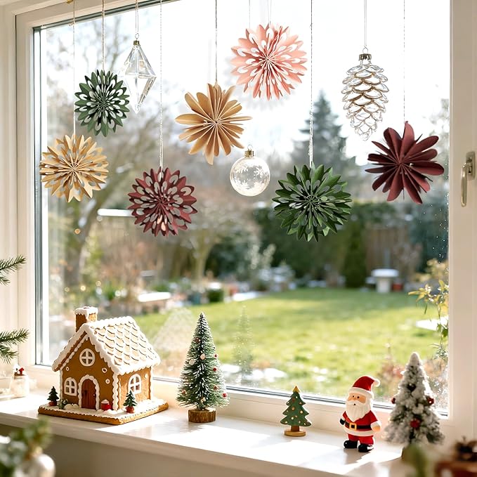 EASY JOY 9Pcs Christmas Hanging Decorations - 3D Paper Christmas Tree Hanging Decor Pink Green Brown Snowflake Ornaments Christmas Decorations Outdoor Indoor for Xmas Party,Boho Home,Window Door Decor
