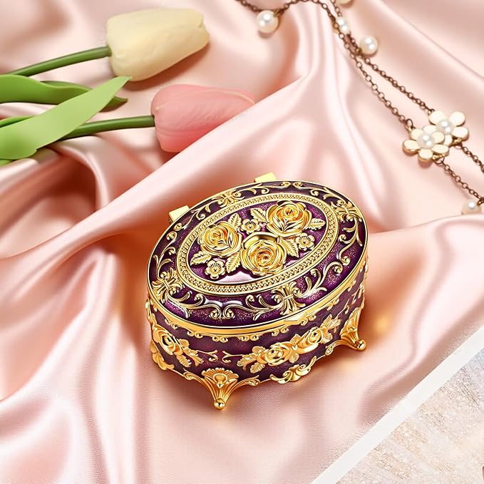 Hipiwe Vintage Jewelry Box Oval Trinket Display Case with Rose Pattern Decorative Green Treasure Box Ring Holder for Women