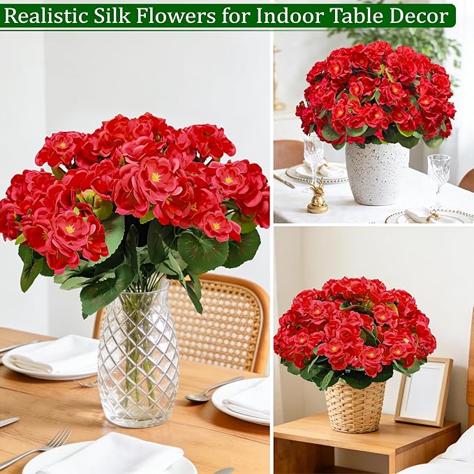 Artificial Geraniums Flowers for Outdoors Spring Decor, 8 Bundles UV Resistant Fake Geraniums Flowers Silk Faux Plants for Home Planter Gardens Table Patio Porch Indoor Summer Cemetery Decor(Red)