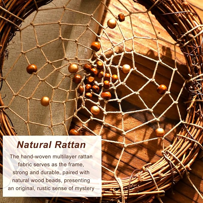 Dream Catcher Native American Boho Dreamcatcher Rattan Wall Decor, Handmade Natural Healing Crystal Stones Feathers Hanging Ornament Indian Decor for Bedroom Living Room