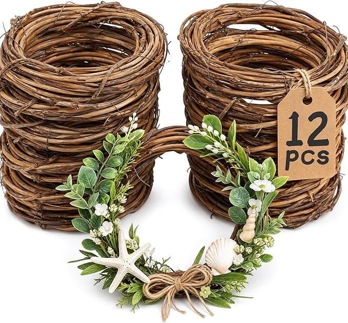 DomeStar 12PCS Natural Grapevine Wreaths, 4 Inch Small Wreath for Wall Decor, Crafts, Rattan Twig DIY Door Hanger for Home Wedding Spring Decorations
