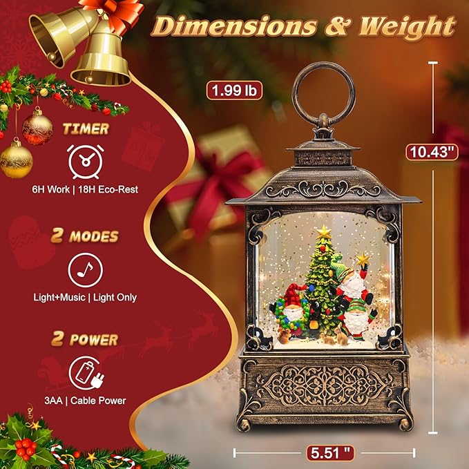 Musical Elf Christmas Tree Snow Globe - Electric Plastic Christmas Snow Globe Lantern, Lighted Glitter Globe with Swirling Sparkle and LED Lights, Holiday Decoration and Xmas Gift