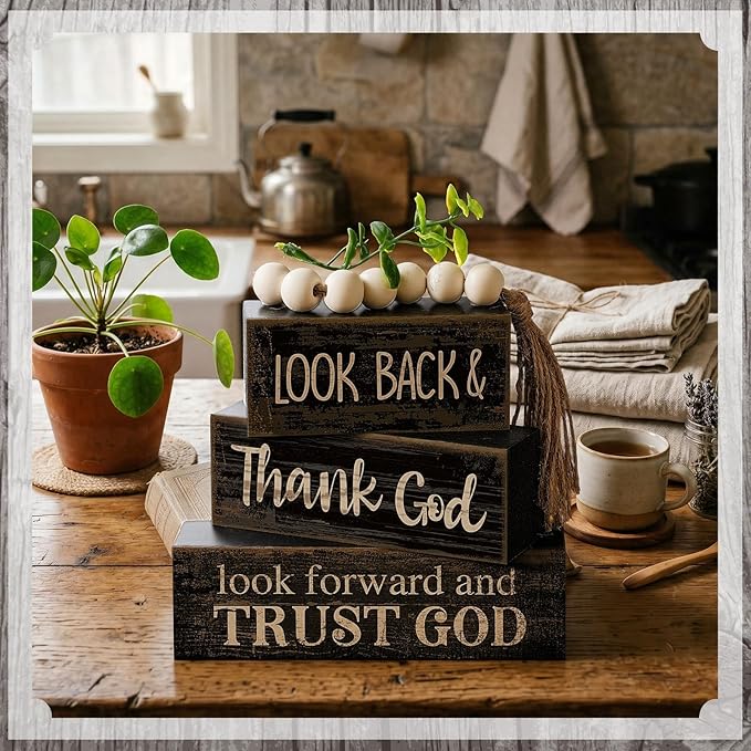 Moucuny 4 Pcs Farmhouse Table Decor Inspirational Wooden Signs Rustic Eucalyptus Leaves Wooden Block Sign Gift Thank and Trust God Farmhouse Table Centerpiece for Living Room Housewarming Gift
