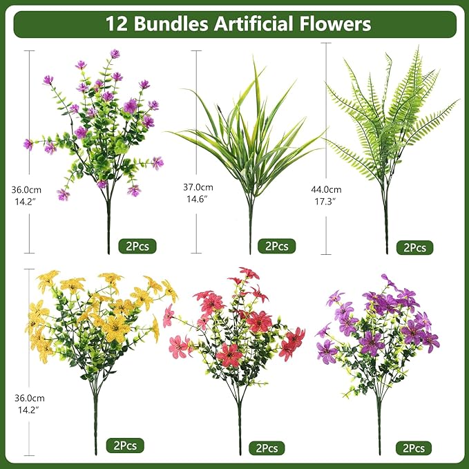Artificial Flowers with Fake Fern Plants for Outdoors, 12 Bundles Realistic Faux Flower Silk Daisy with Eucalyptus Stem UV Resistant for Outside Patio Planter Porch Yard Window Spring Decoration