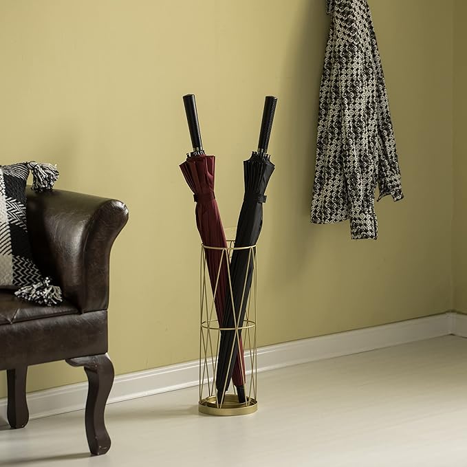Vintiquewise Gold Umbrella Holder Stand for Entryway, Indoor & Outdoor Vertical Cane Stand with Drip Water Tray, Umbrella Stand Indoor