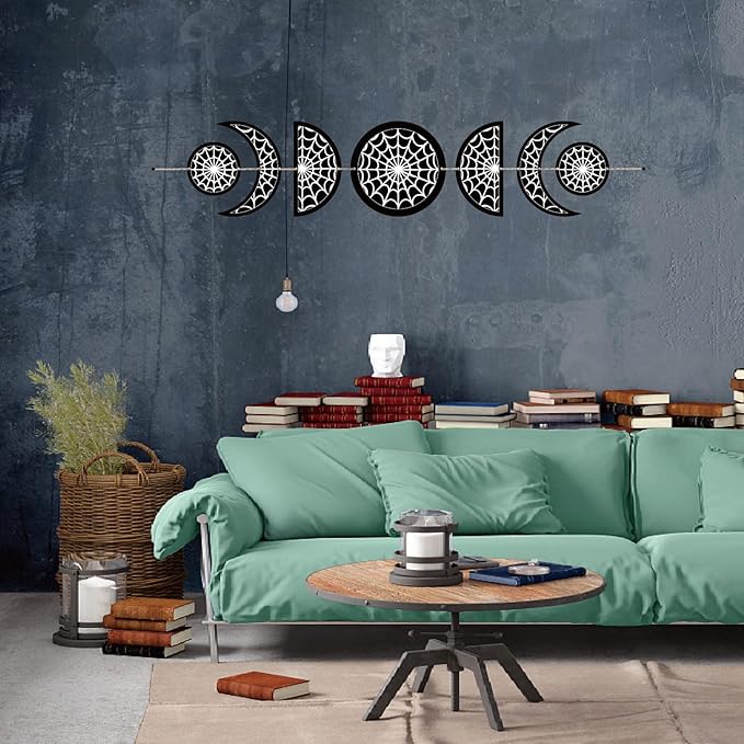 CREATCABIN 7Pcs Spider Web Moon Phase Wall Hanging Halloween Moon Cycle Bohemian Wall Decor Moon Wooden Ornaments Hang Vertical Decorative Gifts for Home Farmhouse Gallery Apartment Bar 37.1x6.3in