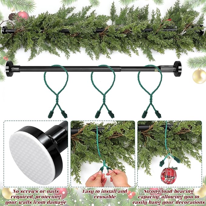 Leinuosen Christmas Front Door Garland Hanger 43-74 Inch Adjustable Christmas Wreath Hanger Stainless Steel Retractable Rod with 3 Green Tie Ropes No Nail Screw No Damage for Xmas DIY Hanging(Black)