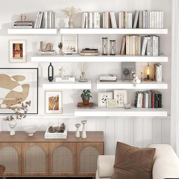 Venusmiles Floating Shelves for Wall, 24 Inch Wide x 12 Inch Deep Floating Shelves, Long Wood Floating Wall Shelf Shelves for Living Room Bathroom Bedroom Kitchen Home - (White, 24" W x 12" D x 2" H)