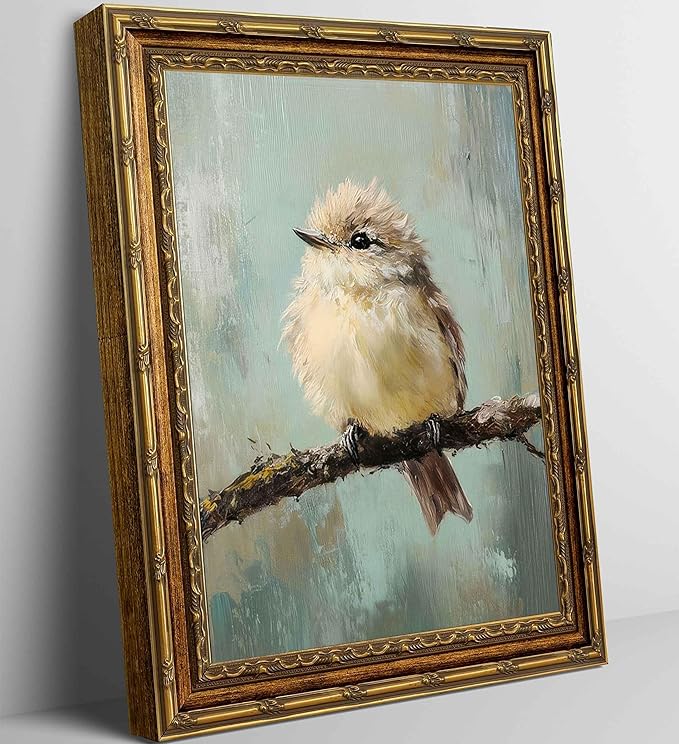 Gold Framed Bird Canvas Wall Art Vintage Bird Beige Sparrow painting Decor Pictures Sparrow on Branch Bedroom Living Posters Prints for Corridor Classroom Bedroom Kitchen Room Decoration