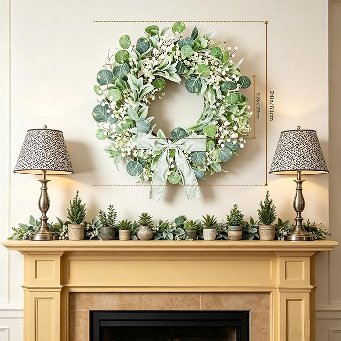 24" Summer Wreath for Front Door, Lamb Ear Grapevine Wreath, Artificial White Baby's Breath Berries Green Bow Decoration for Summer Farmhouse Indoor Staircase Outdoor Porch Decor