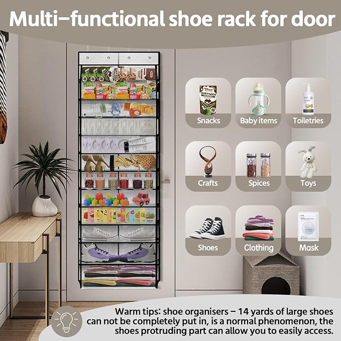 PAULONE 12 Pocket Over the Door Shoe Organizer,Reusable Breathable Large Mesh Bag Men's & Women's Sneaker Organizer,Shoe Organizer for Kids,Hanging Shoe Storage Hanging Bag (White)