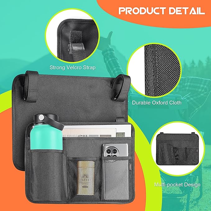 Beach Chair Arm Organizer Wheelchair Side Bag Camping Chair Side Organizer Caddy Storage Bag for Wheelchair/Beach Chair/Camping Chair Arm Accessories for Magazine/Tablet/Drinks