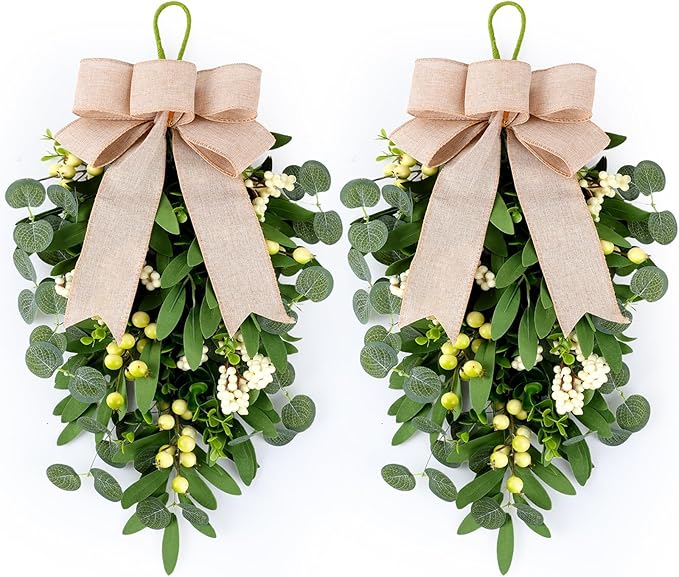 2 PCS 22" Artificial Green Eucalyptus Teardrop Swag for Front Door Greenery Swag Spring Summer Olive Kitchen Cabinet Wreath with White Berry for Farmhouse Home Porch Wall Window Festival Wedding Decor