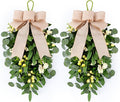 2 PCS 22" Artificial Green Eucalyptus Teardrop Swag for Front Door Greenery Swag Spring Summer Olive Kitchen Cabinet Wreath with White Berry for Farmhouse Home Porch Wall Window Festival Wedding Decor