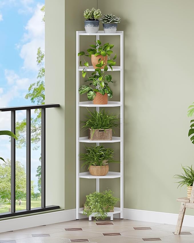 Hzuaneri Corner Shelf Stand, Corner Bookshelf, Storage Standing Shelf Unit with Metal Frame, Plant Stand, Bookcase for Living Room, Home Office, Bedroom, 6-Tier White CS06013W