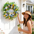Spring Summer Wreaths for Front Door 24 Inch,Summer Wreath with Artificial Lemon,Daisy,Hydrangea & Lotus Pods,Door Wreath for Indoor Outdoor Farmhouse Home Decor