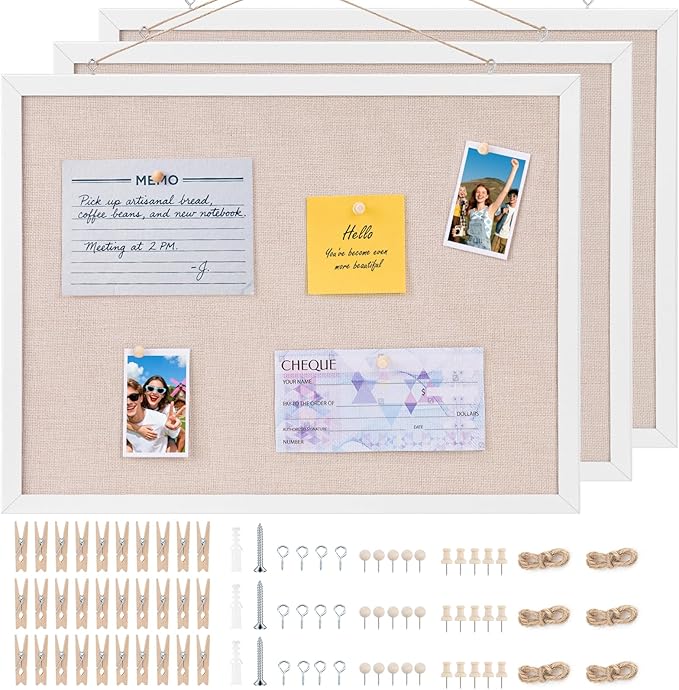 OWLKELA 13.3"x17.7" inch Bulletin Board with Linen 3 Pack, White Wood Style Frame, with 30 Pushpins, Linen Cork Board, Ideal for School, Home & Office