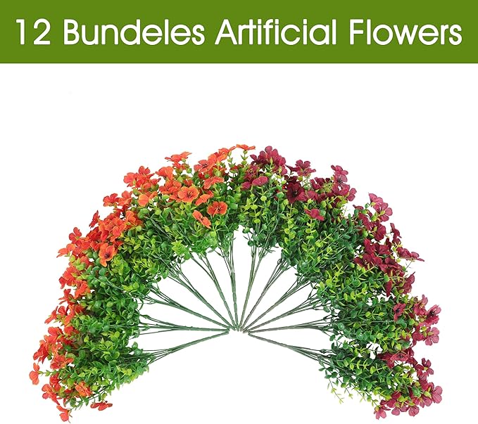 Artificial Faux Mums Flowers Plants for Outdoors Outside Fall Autumn Decoration,12 Bundles Realistic Fake Flowers Plant Greenery Silk Daisy UV Resistant Planters Porch Patio Garden（Orange Burgundy）