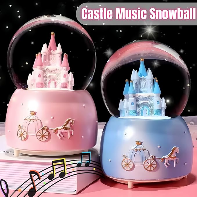 Pink Castle Snow Globes, Girls Music Snowglobes with LED 7 Colors Lights, Automatic Snow Fall Effect, Home Decor for Kids Room Essentials, Gifts for Birthday Christmas Valentines Mother's Day (Pink)