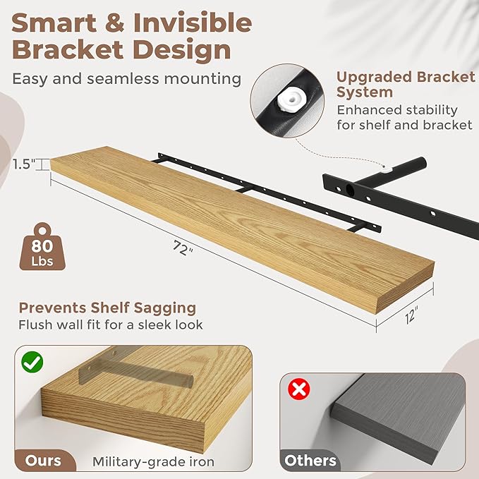 72 Inch Long Floating Shelves for Wall Set of 2, 12"D Wood Grain Bathroom Shelves with Invisible Brackets, Easy Install Engineered Wood Storage Shelves for Kitchen, Living Room, Bedroom, Oak Finish