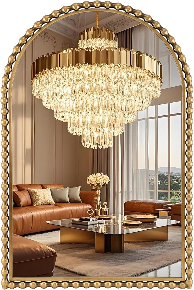 24x36 Inch Arched Wall Mirror with Bold Antique Gold Beaded Frame, Decorative Vintage Mirror for Living Room, Entryway or Fireplace Mantel, Bathroom Wall Decor Mirror