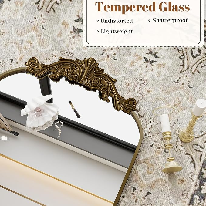 VooBang Vintage Arched Bathroom Mirror, 24x36 Inch Retro Wall Mounted Vanity Mirror with Carved Pattern Top and Metal Frame, Antique Decorative Mirror for Hanging or Leaning
