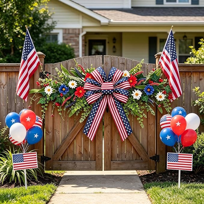 4th of July Patriotic Floral Swag Artificial Red White and Blue Independence Day Front Door Daisy Flowers Twigs Swag Memorial Day 250th Anniversary Veterans Day Decor for Arch Wall Home Door Decor