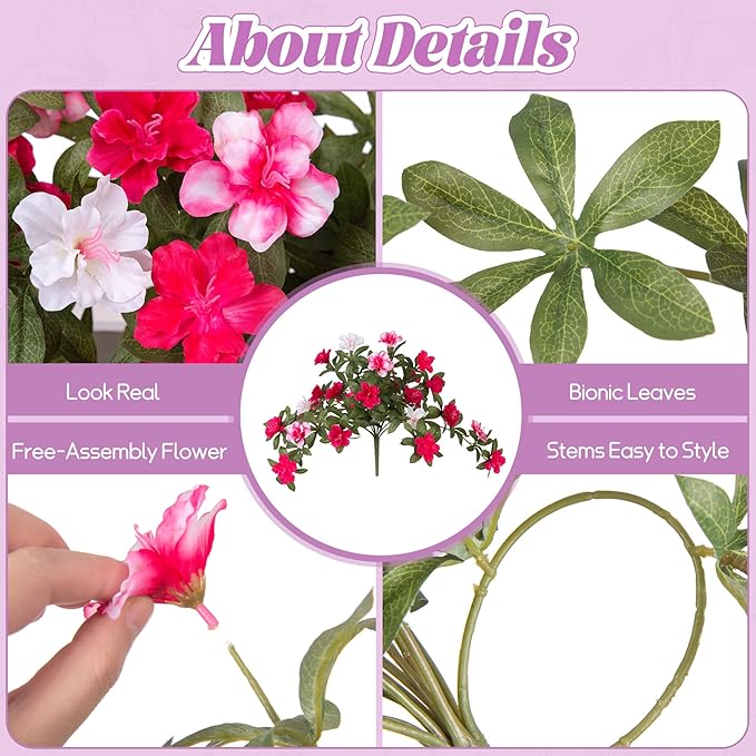 Artificial Fake Azalea Flowers for Outdoor Spring Decoration, Faux Silk Flower for Summer UV Resistant Look Real Plants for Garden Yard Porch Walkway Indoor Decor, 2PCS