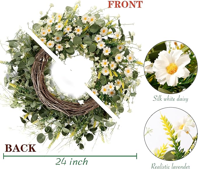 Sggvecsy White Daisy Wreath 24 Inch with Fake Silk Floral Green Eucalyptus Leaves and Lavender for Spring Summer Front Door Window Wall Wedding Farmhouse Festival Decor