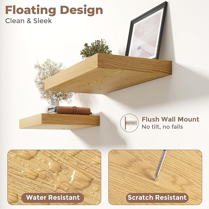 24 Inch Floating Shelves for Wall Set of 2, 12"D Wood Grain Bathroom Shelves with Invisible Brackets, Easy Install Engineered Wood Storage Shelves for Kitchen, Living Room, Bedroom, Oak Finish