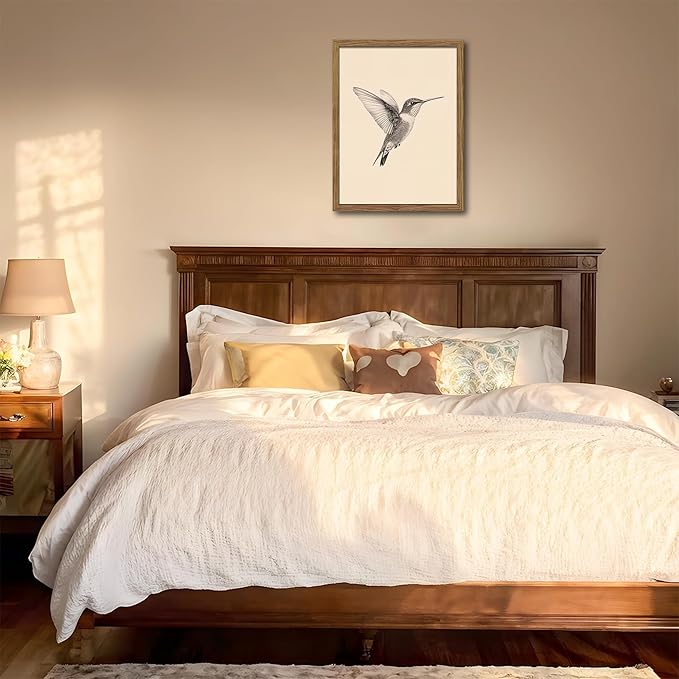 Vintage Framed Wall Art, Birds Canvas Prints, Hummingbird Sketch Painting Picture, Neutral Farmhouse Artwork Wall Decor for Living Room Bedroom – Dark Wooden Frame 16x24in