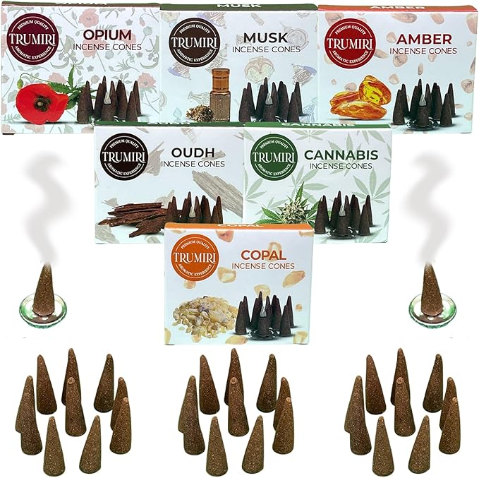 TRUMIRI Exotic Incense Cones - Variety Pack - Total 60 Cone Incense (6 Scents x 10 Conos) - Copal, Oud, Musk, Amber - Cone Incense Scents - Insense Cones - Incent Cone