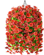 Artificial Fake Hanging Flowers Plants Baskets for Outdoor Spring Summer Decorations,Resistant Faux Morning Glory Silk Plants for Outside UV Resistant Patio Yard Home Porch Decor(Red Brown)