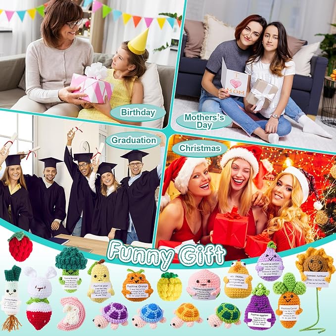 VioraWhite 18 Pcs Emotional Crochet Bulk Desk Accessories,Positive Handmade Fruit Vegetable Support Knitted Decorations with Cheer Cards, Motivational Appreciation Gifts for Coworkers Staff Adults